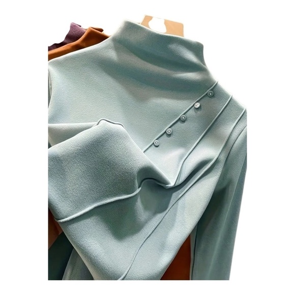 Stylish Turtleneck Top Long Sleeve Button Details Light Blue - Picture 1 of 3